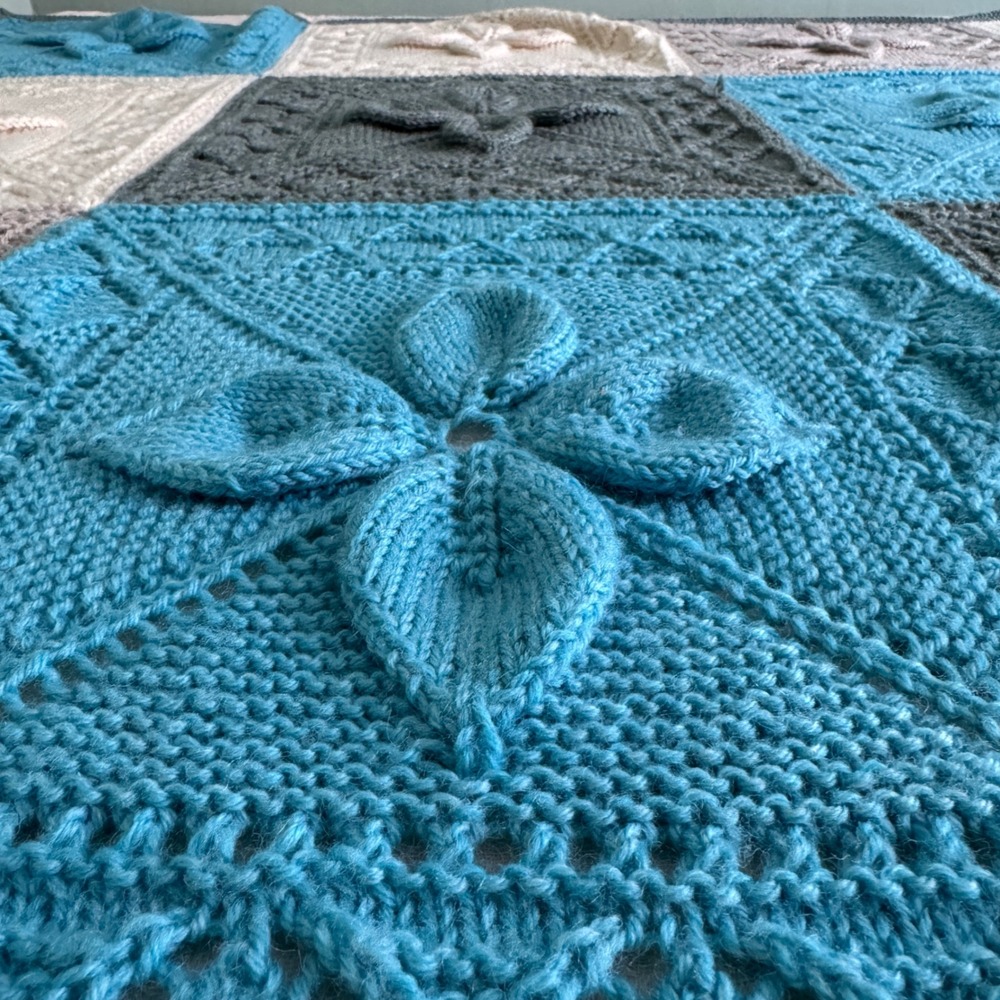 Handmade Knit Throw Blanket 66x66 Blue Grey Cream 3D Floral Granny Square SOFT! - Picture 6 of 13